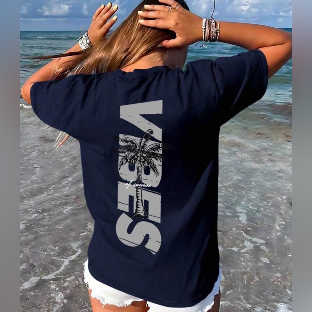 SHEIN Navy Graphic Tee with Palm Design